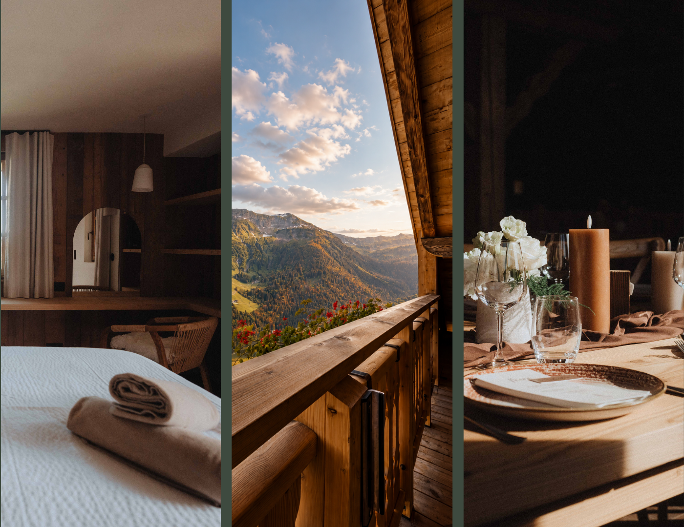 Les espaces du Gîte du Passant : chambre, balcon face aux Aravis et table dressée pour un mariage
