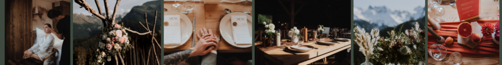 Mariage en montagne au Gîte du Passant en Haute-Savoie avec préparatifs, décoration florale, réception et tables face aux Alpes